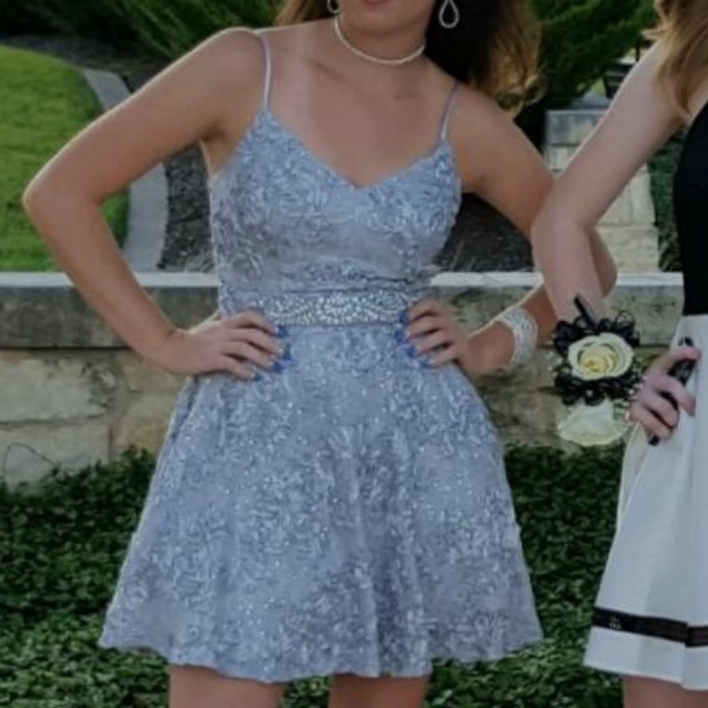 B-Darlin Sparkly Silver Homecoming Dress